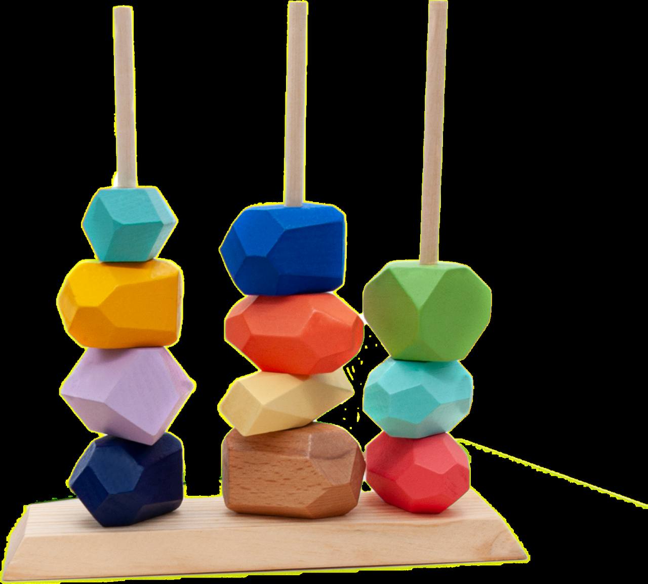 Steckspiel mit bunten Steinen auf Stäben
